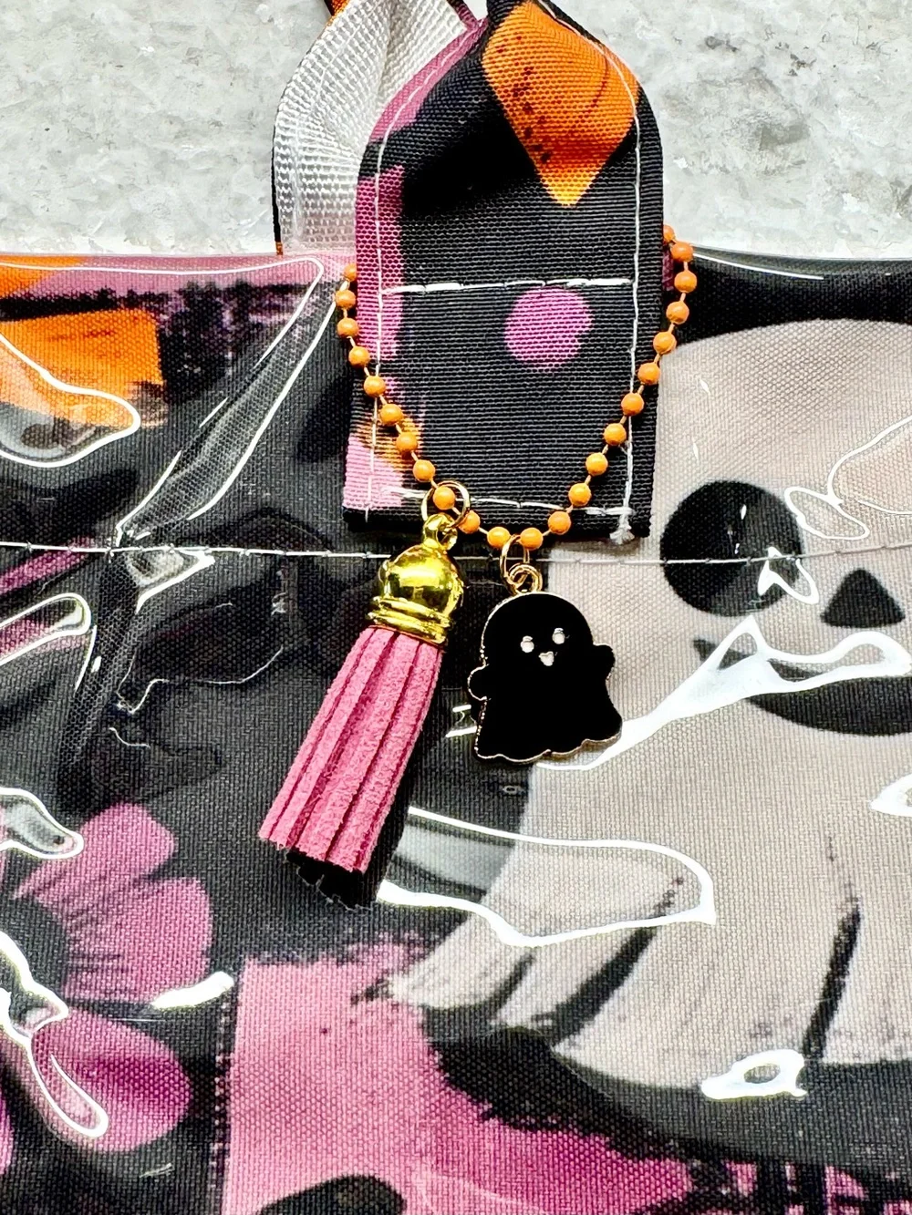 New Halloween Ghost Purple & Black Checkered PVC Handbag Purse Tote Bag 17.5x12”